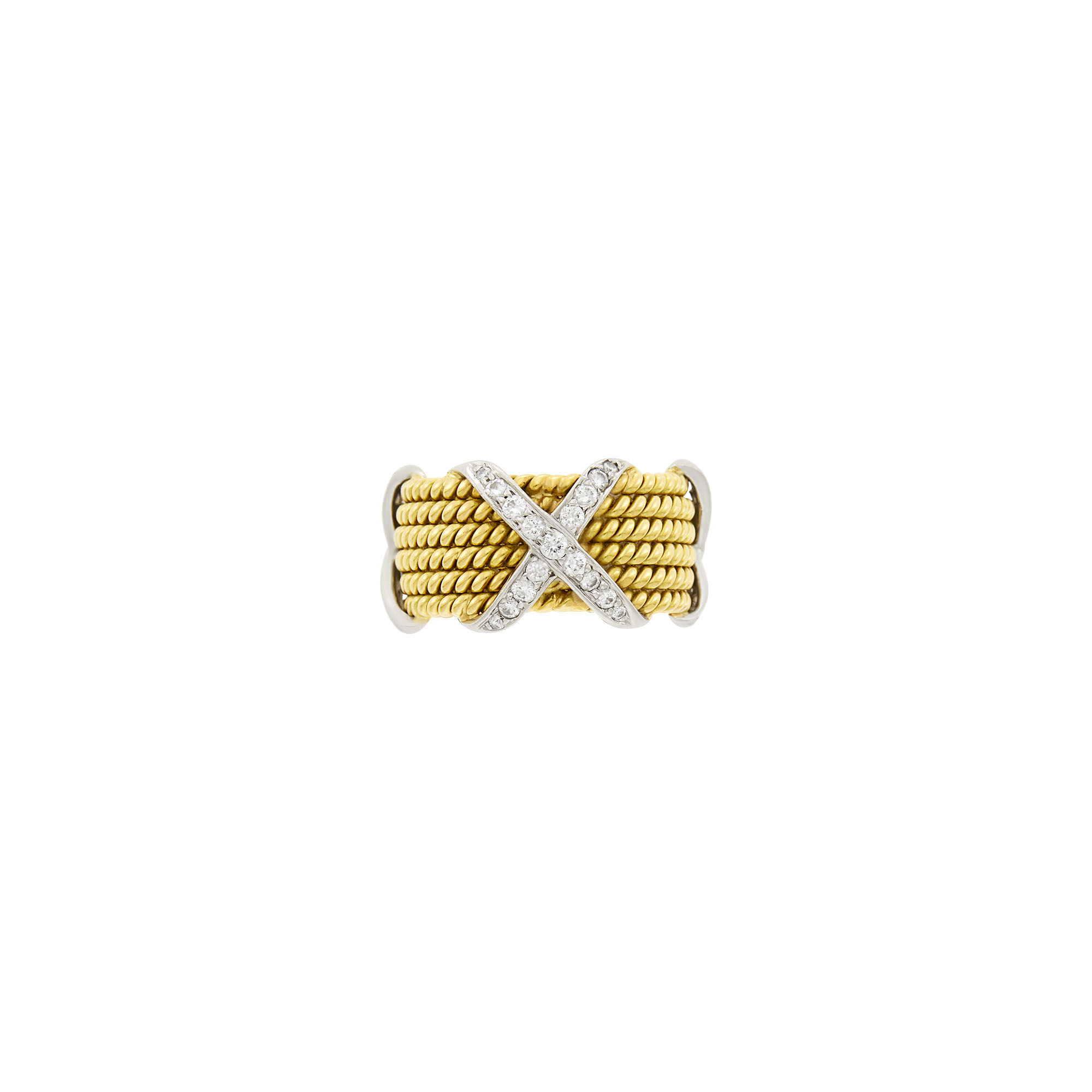 Lot image - Tiffany & Co., Schlumberger Gold, Platinum and Diamond Rope Six Row X Band Ring