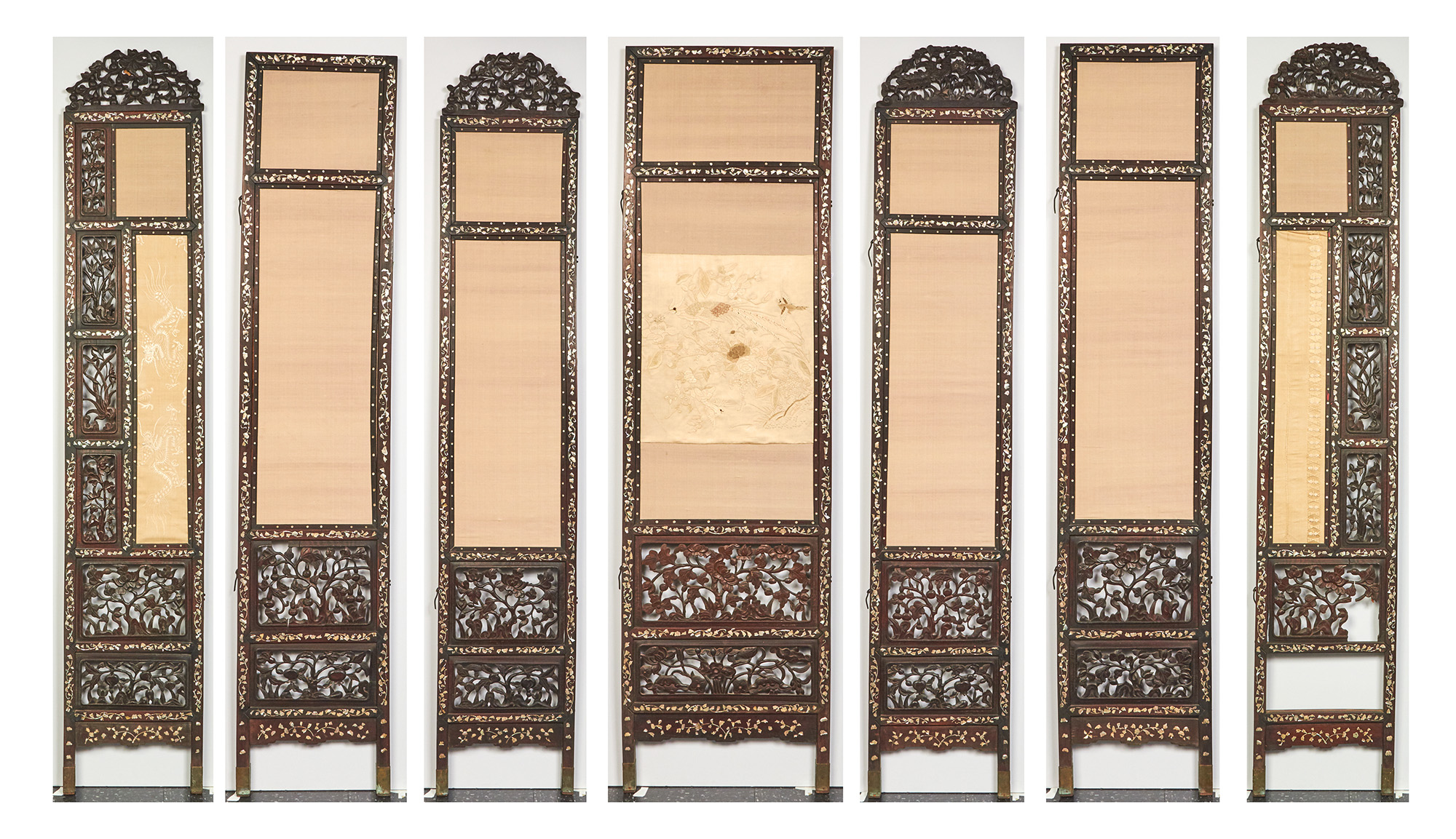 Lot image - A Chinese Shell-Inlaid Hardwood Seven-Panel Floor Screen