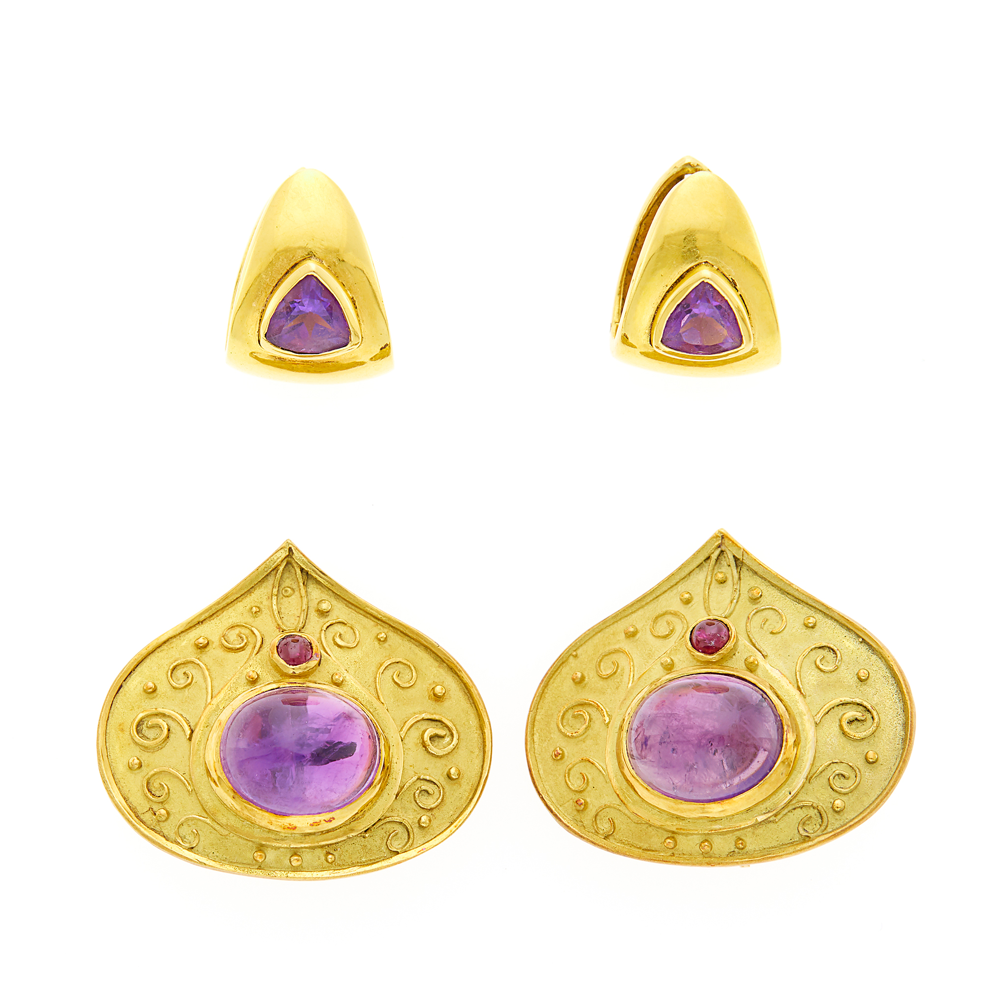 Lot image - Pair of Gold, Cabochon Amethyst and Cabochon Ruby Earclips and Pair of Amethyst Huggie Earrings