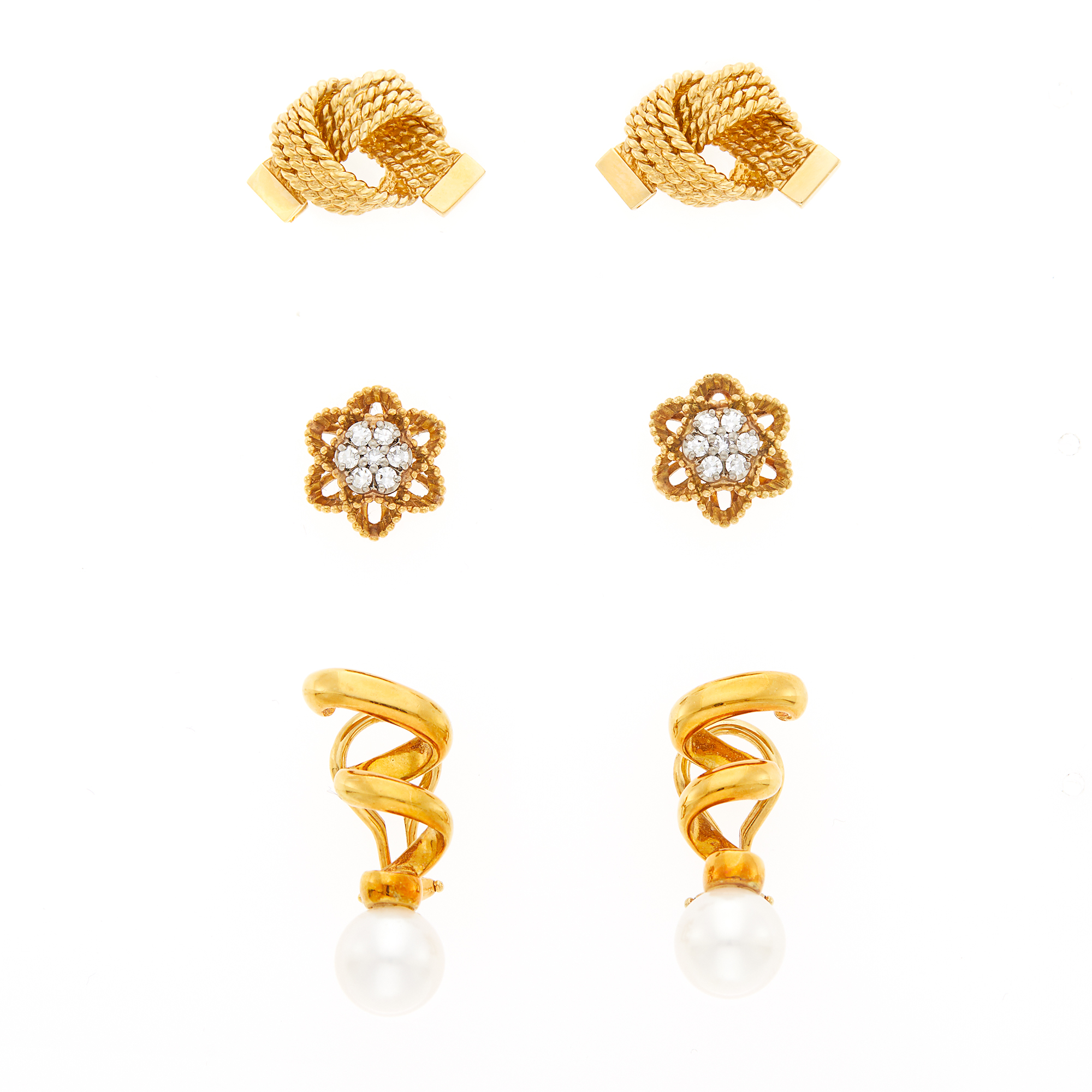 Lot image - Pair of Gold and Diamond Floret Earrings and Tiffany & Co. Pair of Gold Knot Earrings and Cultured Pearl Earrings