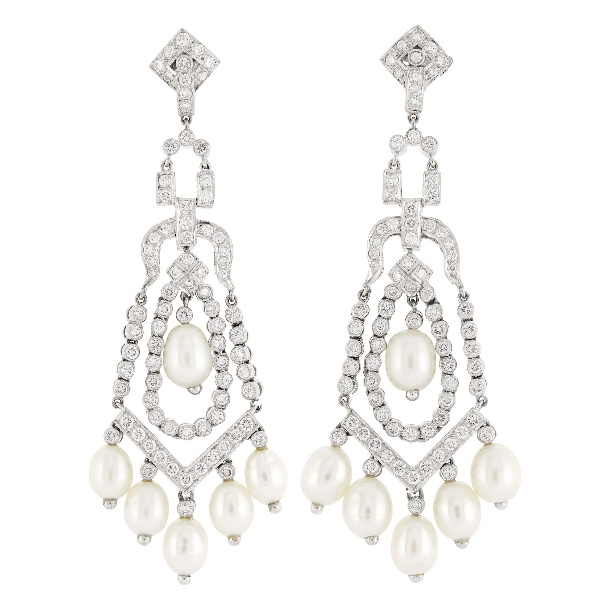 Lot image - Pair of White Gold, Diamond and Freshwater Pearl Pendant-Earrings