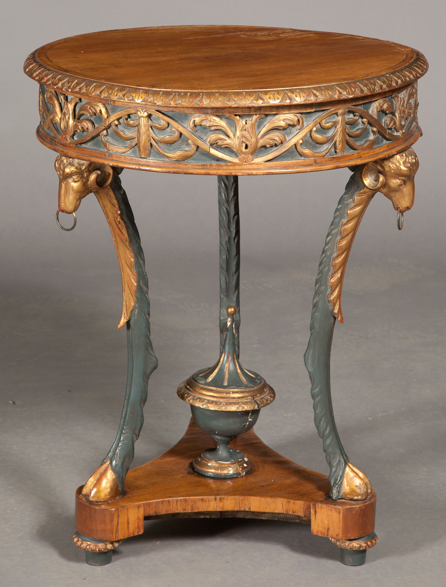 Lot image - Continental Neoclassical Painted and Parcel-Gilt Walnut Gueridon