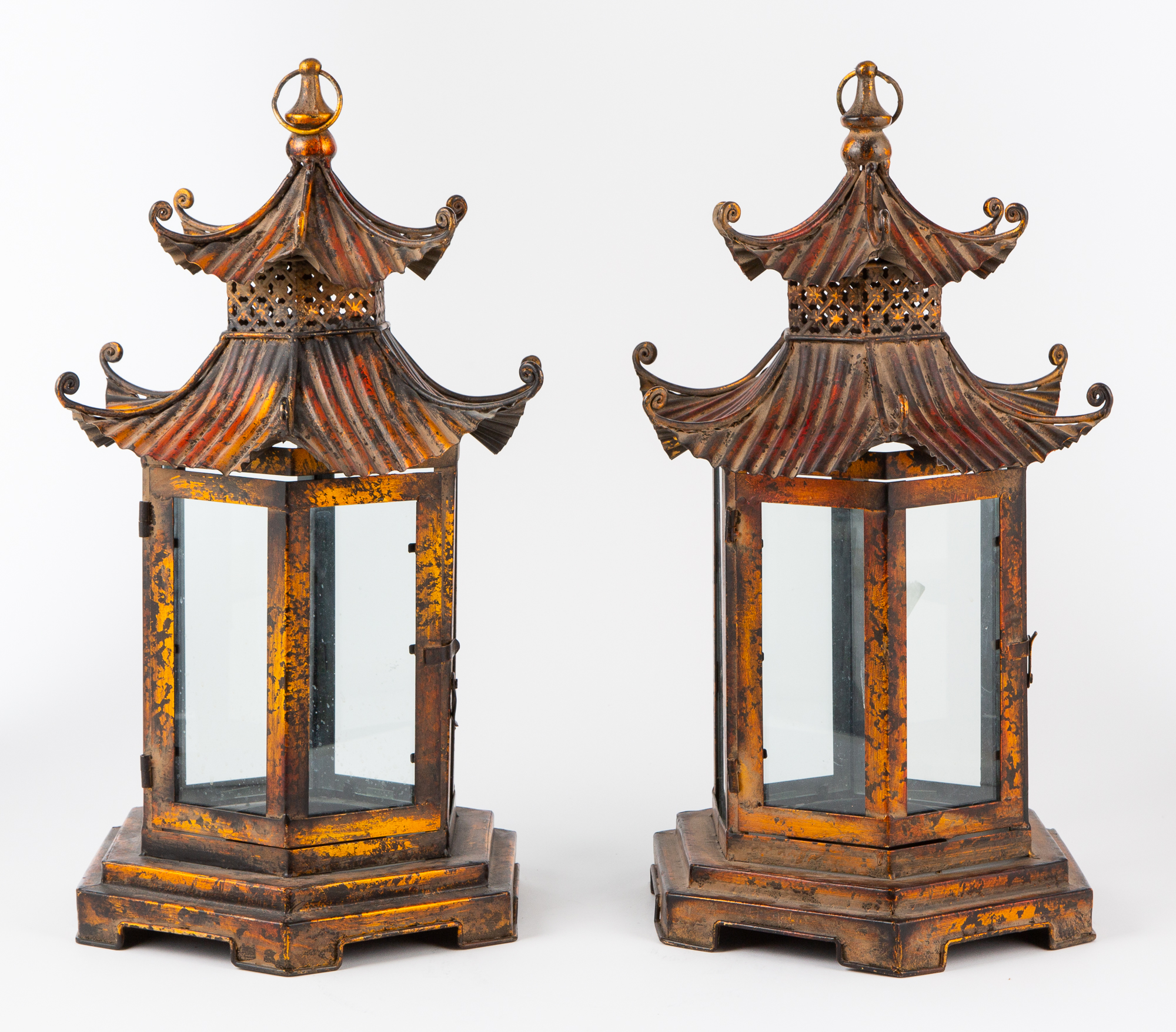 Lot image - Two Pairs of Painted Tole and Glass Pagoda-Form Lanterns