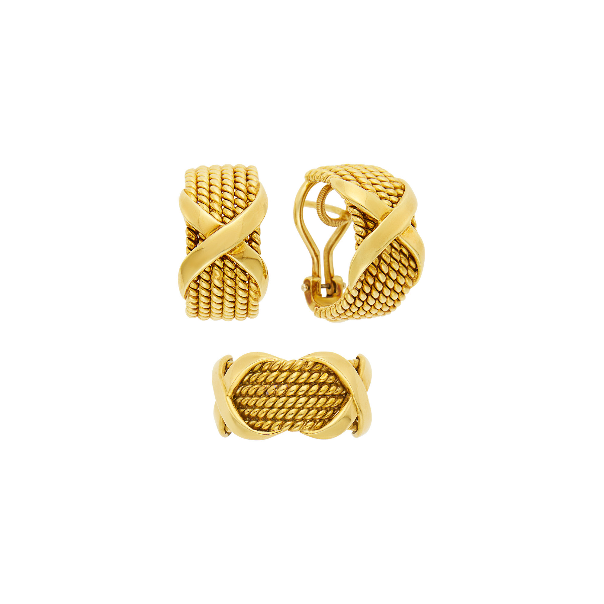 Lot image - Tiffany & Co., Schlumberger Pair of Gold Six Row Rope Twist X Half-Hoop Earrings and Band Ring