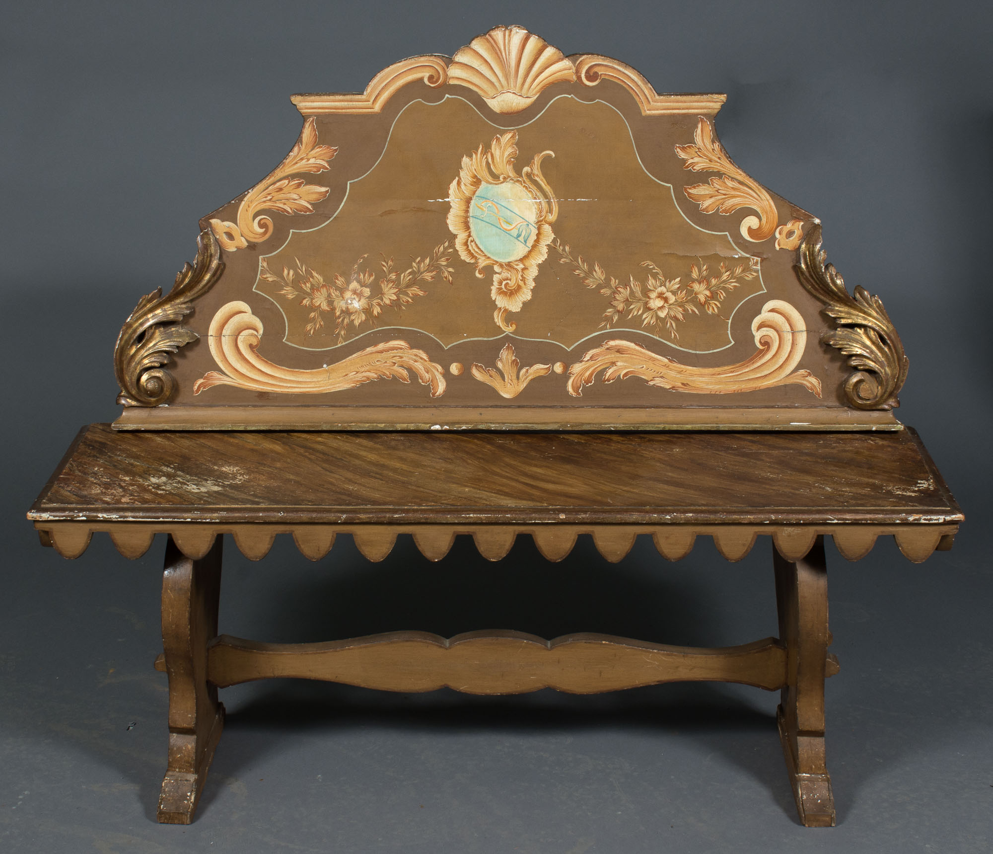 Lot image - Italian Painted, Faux Marble and Parcel-Gilt Bench