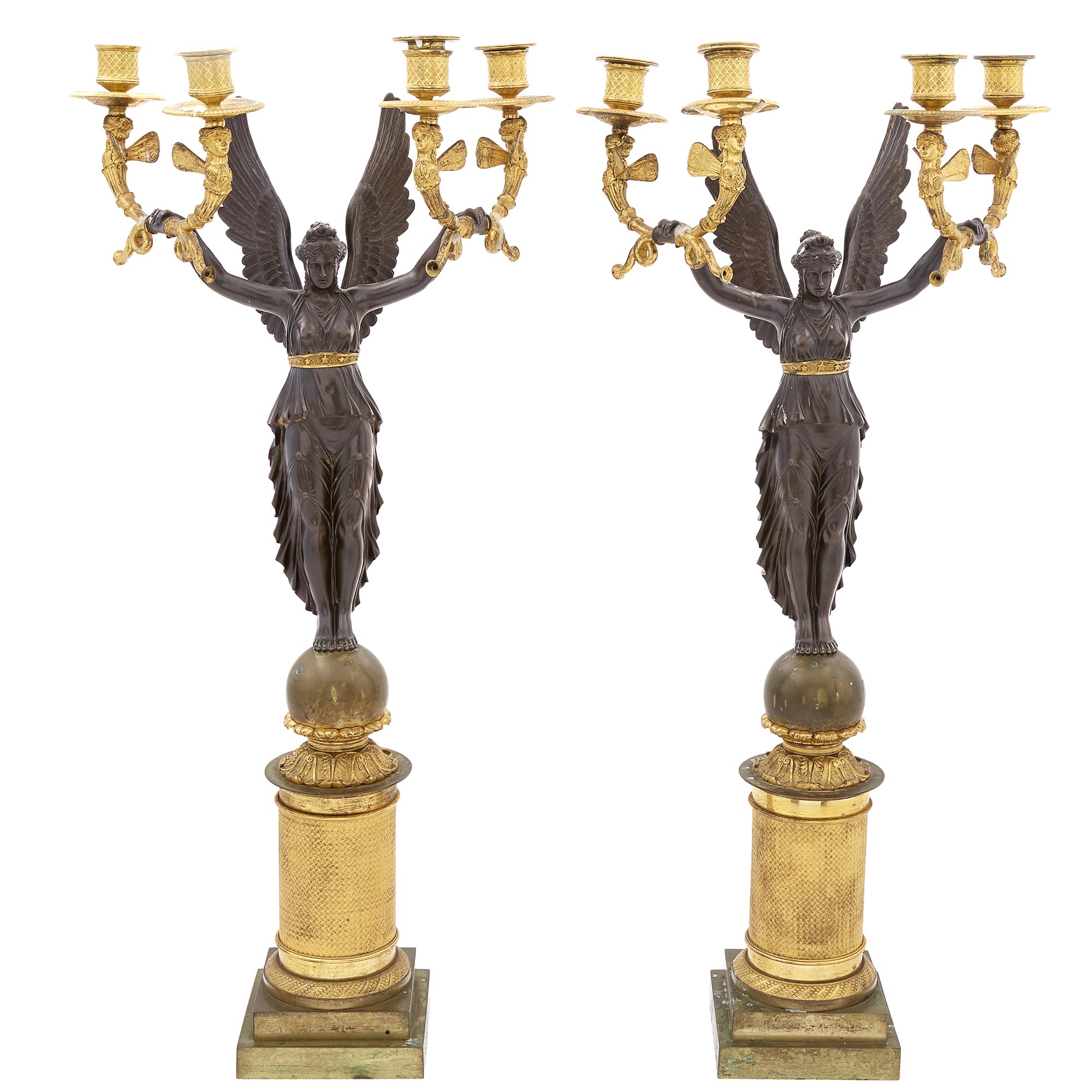 Lot image - Pair of Empire Patinated and Gilt-Bronze Four-Light Candelabra