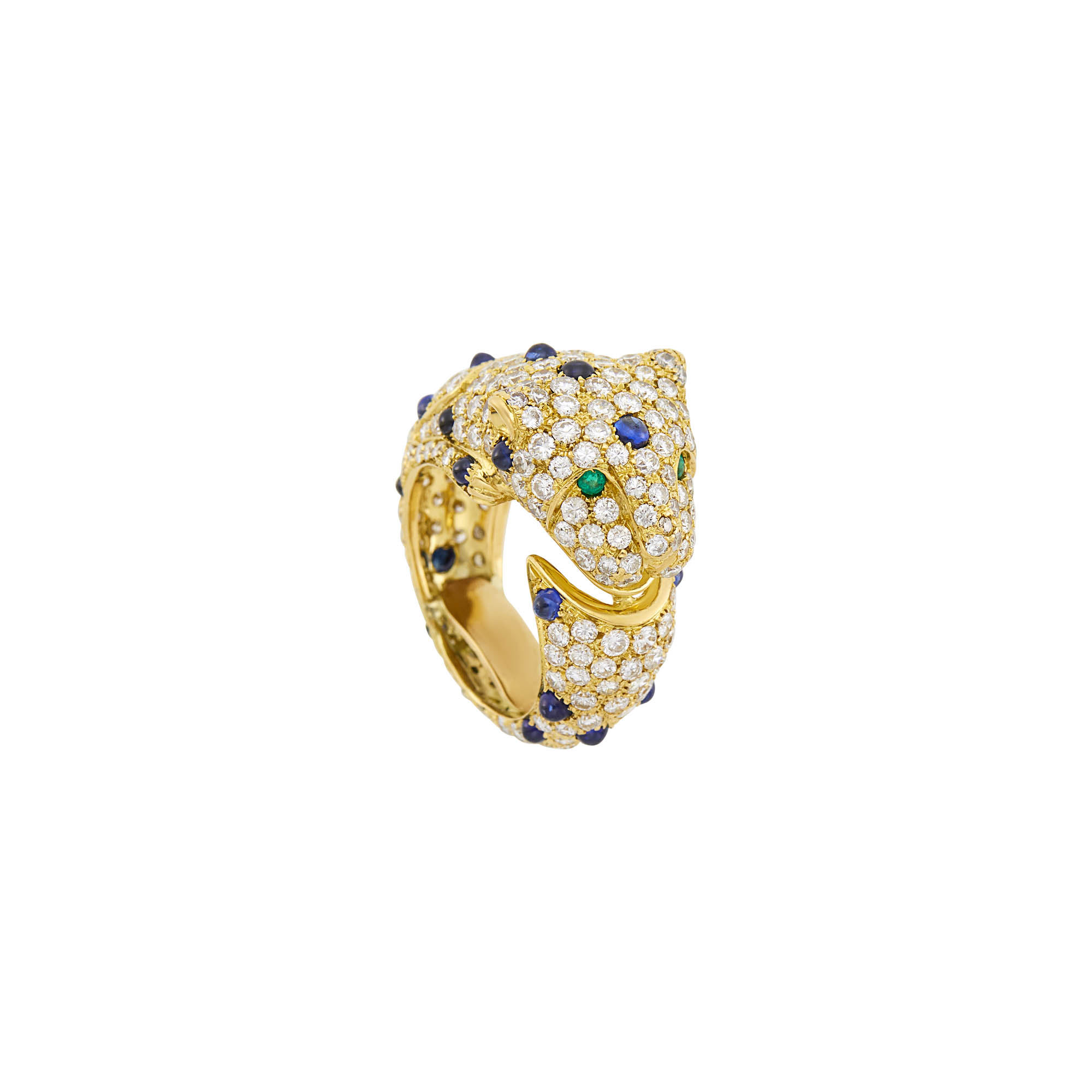 Lot image - Gold, Diamond, Cabochon Sapphire and Emerald Panther Ring