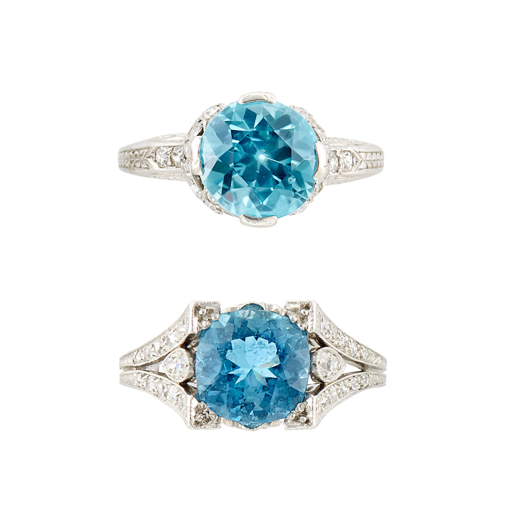 Lot image - Two Platinum, Blue Zircon, Aquamarine and Diamond Rings