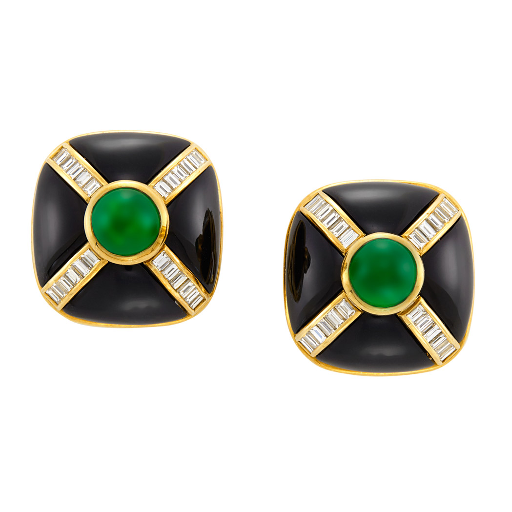 Lot image - Pair of Gold, Black Onyx, Cabochon Emerald and Diamond Earclips