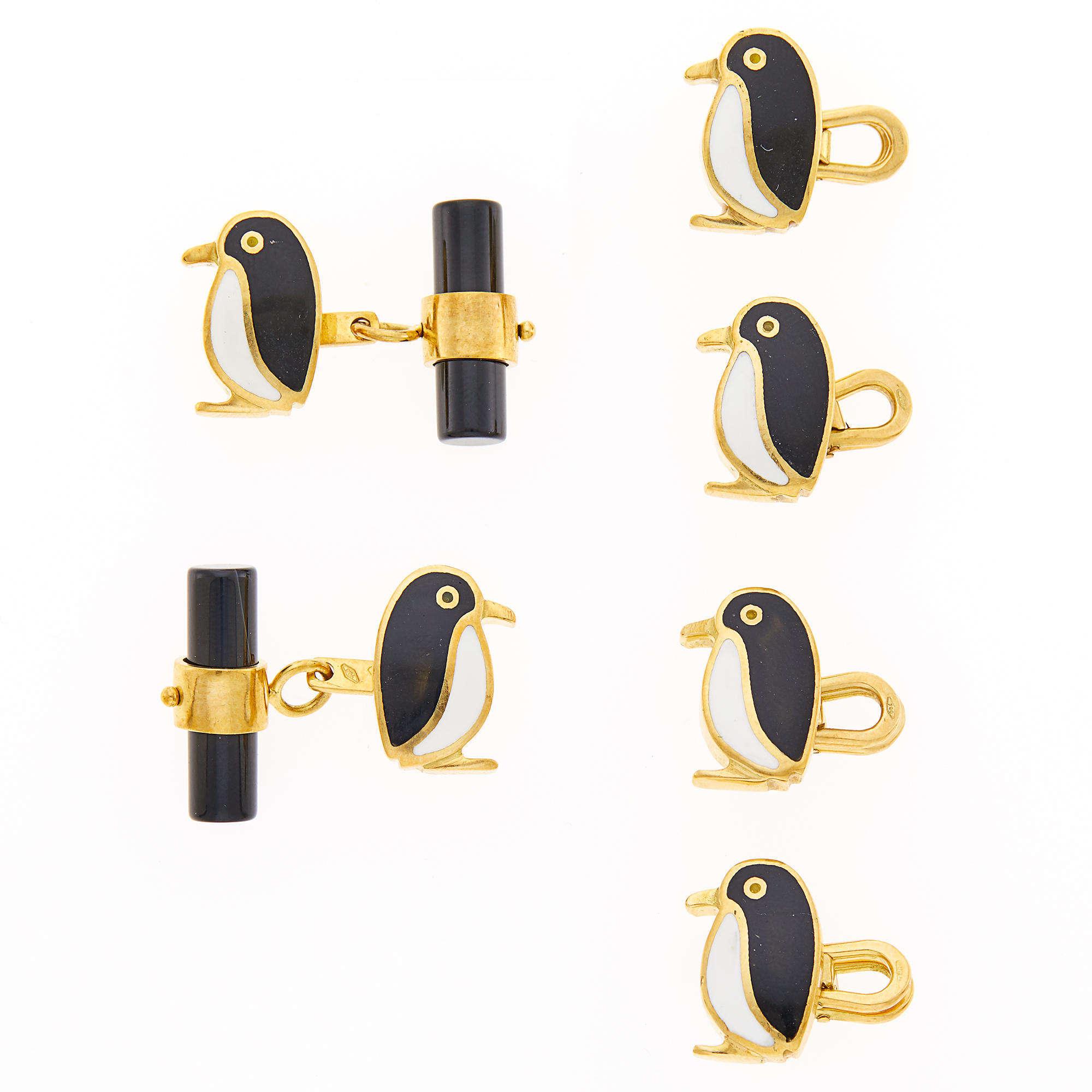 Lot image - Gold, Enamel and Black Onyx Penguin Dress Set