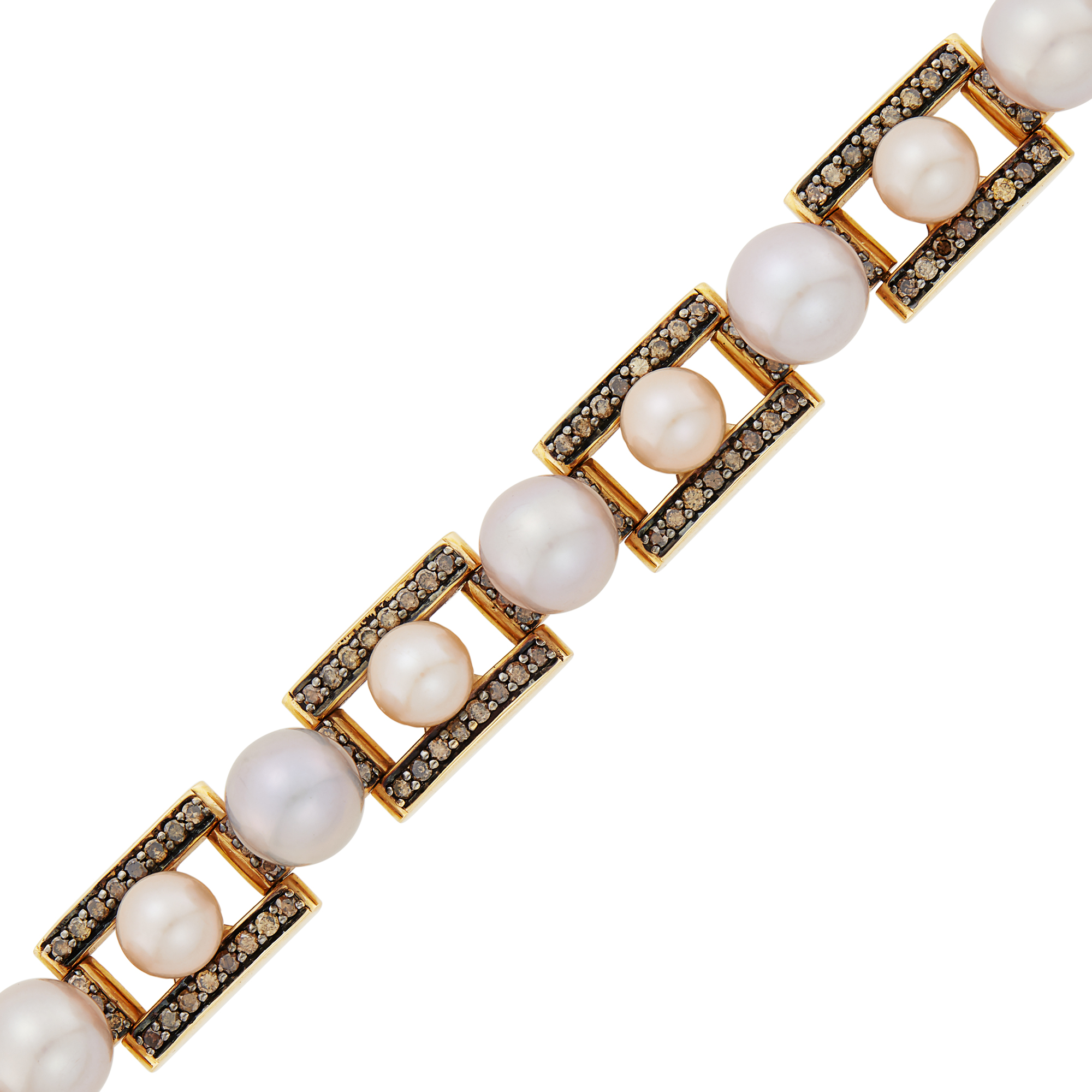 Lot image - Gold, Cultured Pearl and Colored Diamond Bracelet