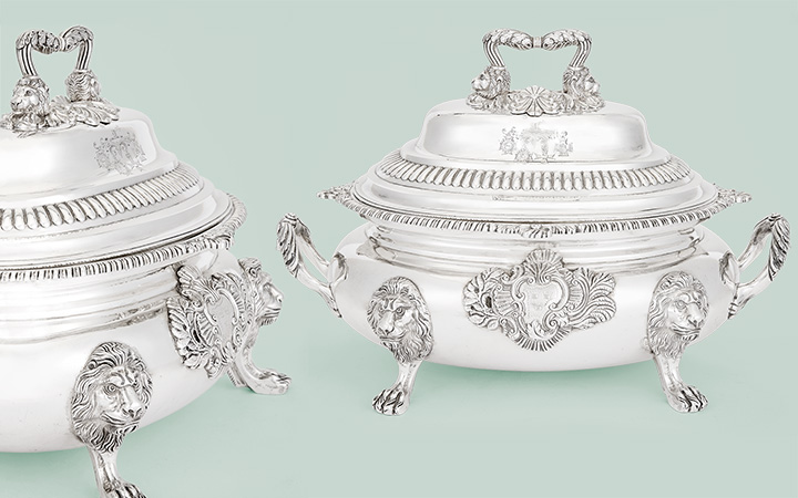 Pair of George IV Irish Sterling Silver Covered Soup Tureens 