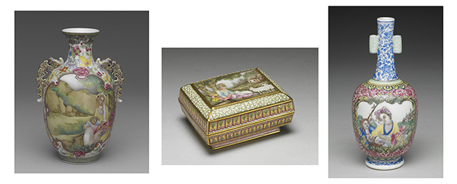 Three European-subject falangcai porcelain items that are part of the National Palace Museum Collection, Taiwan