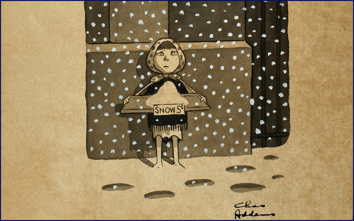Charles Addams, original illustration of a girl selling snow