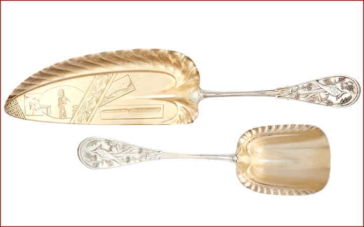 Tiffany & Co. Sterling Silver and Parcel Gilt Japanese Pattern Serving Utensils 