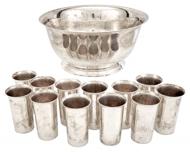Wallace Sterling Silver Punch Bowl and Set of Twelve Wallace Sterling Silver Julep Cups