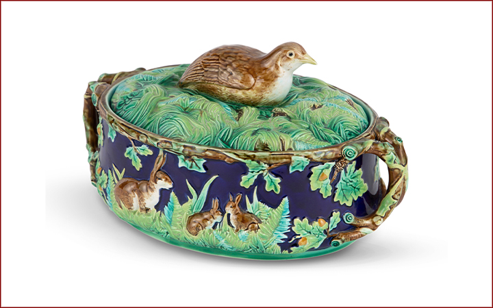 The Joan Stacke Graham Majolica Collection Auction December 14 	Lot 1114. George Jones & Sons Majolica Cobalt-Blue Ground 'Empty Nest' Game-Pie Dish and Cover.
