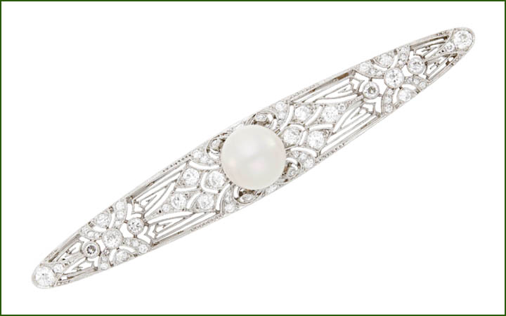 Platinum, Freshwater Pearl and Diamond Bar Brooch