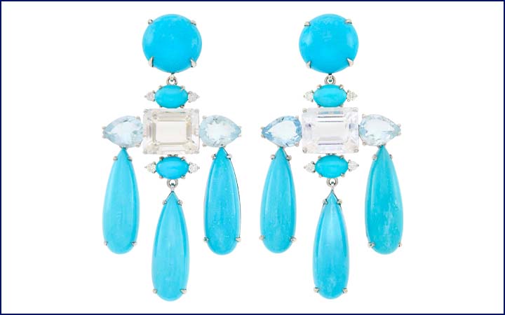 Pair of White Gold, Turquoise, Aquamarine and Diamond Pendant-Earclips