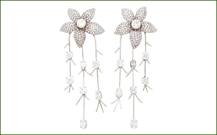 Pair of White Gold and Diamond Flower Pendant-Earclips