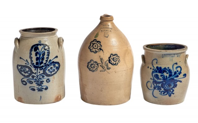 Three Cobalt Decorated Salt Glazed Stoneware Jars