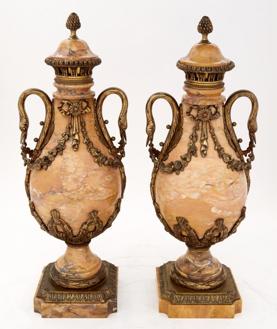 Pair of Louis XVI Style Gilt-Metal Mounted Marble Urns with Swan Head Handles and Covers
