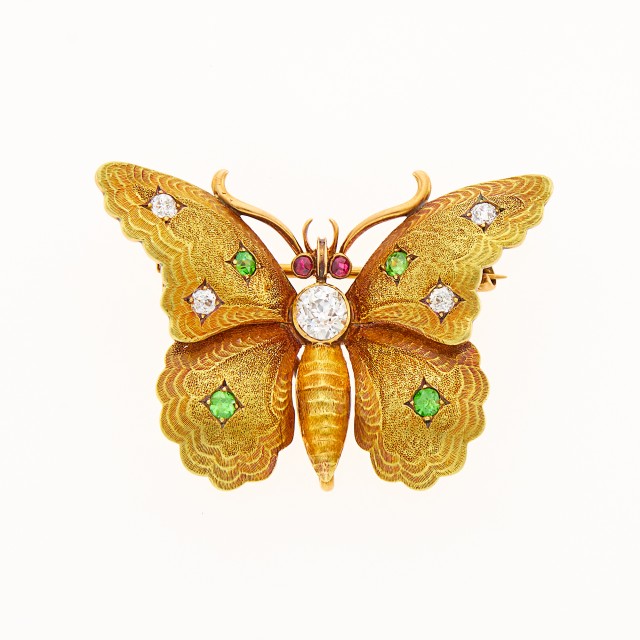 Antique Gold, Diamond and Demantoid Garnet Butterfly Pendant-Pin