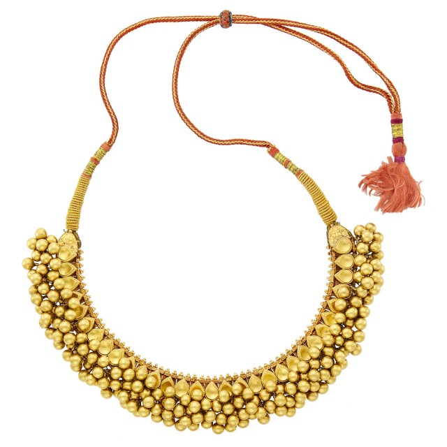 Indian High Karat Gold Bead Fringe Necklace with Cord