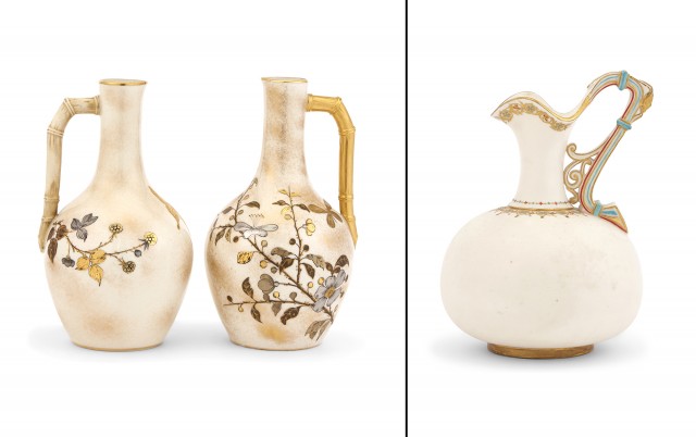 Two Royal Worcester Aesthetic Movement Porcelain Bamboo-Handled Ewers