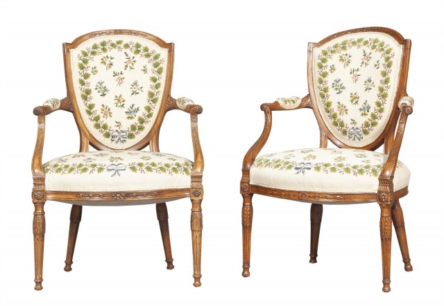 Pair George III Style Needlepoint Upholstered Walnut Armchairs
