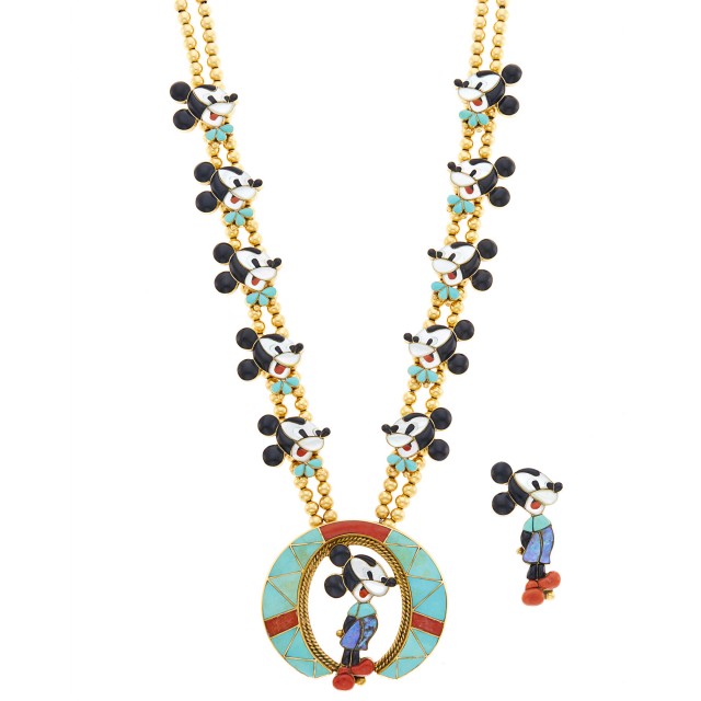 Veronica Poblano Double Strand Gold Bead, Silver and Hardstone 'Mickey Mouse' Pendant-Necklace and Ring