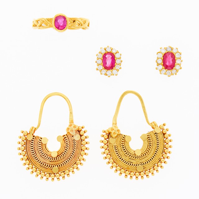 Gold and Ruby Band Ring, Pair of Ruby and Diamond Earrings and Pair of High Karat Gold Hoop Earrings