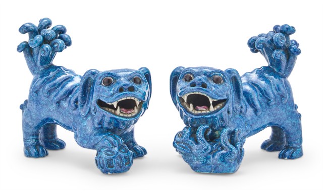 A Pair of Chinese Robin's Egg Glazed Porcelain Models of Fu Lions