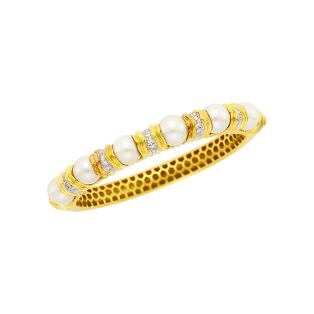 Two-Color Gold, Cultured Pearl and Diamond Bangle Bracelet