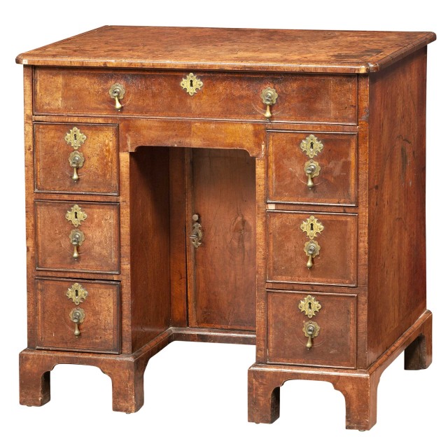 George II Burr and Figured Inlaid Walnut Kneehole Desk