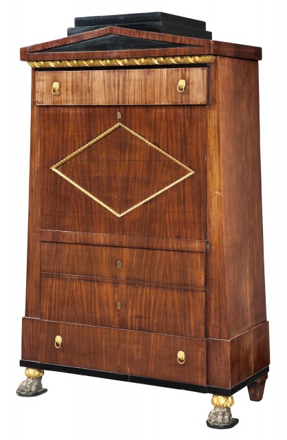 North German Mahogany, Birch, Parcel-Gilt and Part-Ebonized Secretaire à Abattant