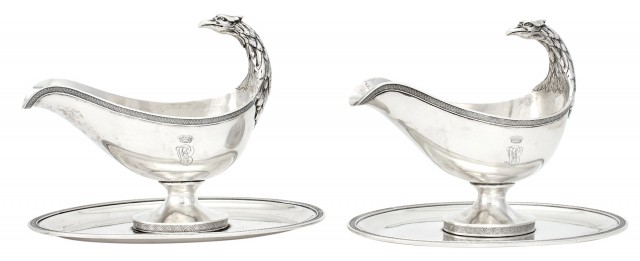 Pair of Continental Empire Style Silver Sauceboats on Stands