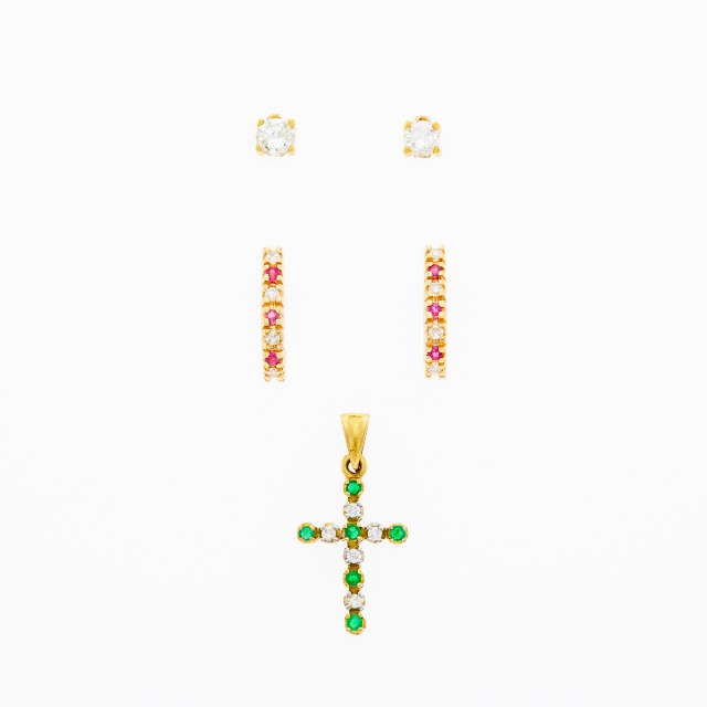 Pair of Gold, Diamond and Ruby Hoop Earrings, Emerald and Diamond Cross Pendant and Diamond Fragments