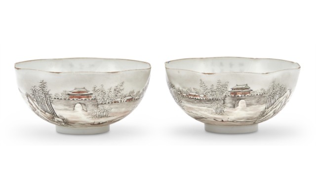 A Pair of Chinese Enameled Eggshell Porcelain Bowls