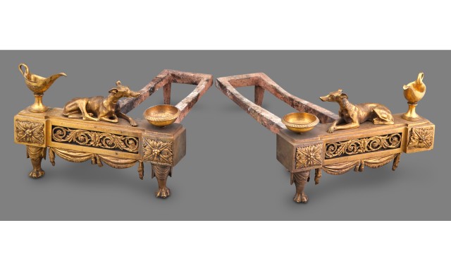 Pair of Neoclassical Style Gilt-Metal and Iron Dog-Form Chenets