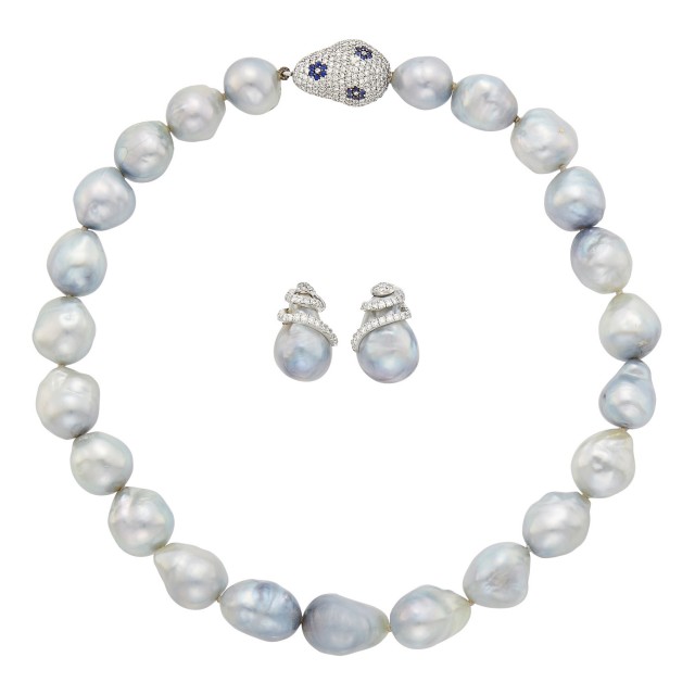 Gray Baroque Cultured Pearl Necklace with Diamond and Sapphire Clasp  and Pair of Earrings