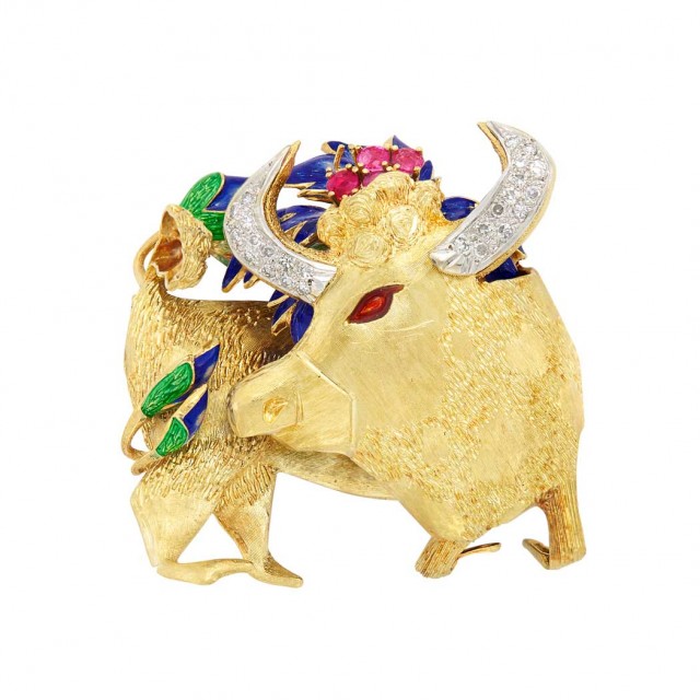 Two-Color Gold, Diamond, Ruby and Enamel Bull Clip-Brooch