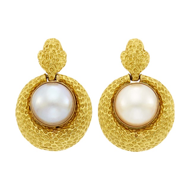 Spritzer and Fuhrmann Pair of Gold and Mabé Pearl Pendant-Earrings