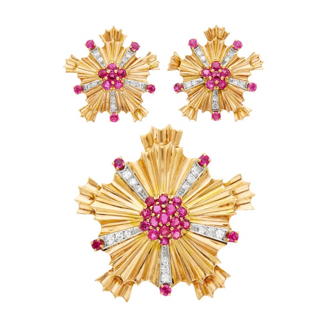 Tiffany and Co. Rose Gold, Palladium, Ruby and Diamond Snowflake Clip-Brooch and Pair of Earrings