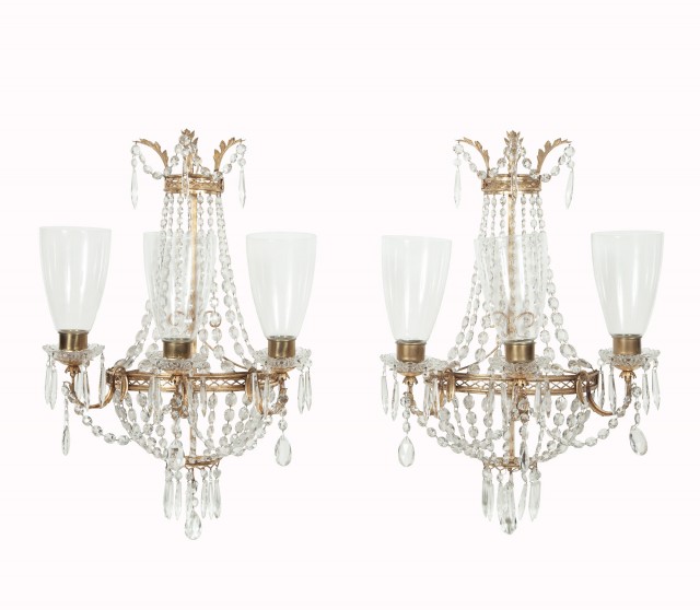 Pair of Empire Style Gilt-Metal and Beaded Glass Three-Light Sconces with Glass Chimney Shades