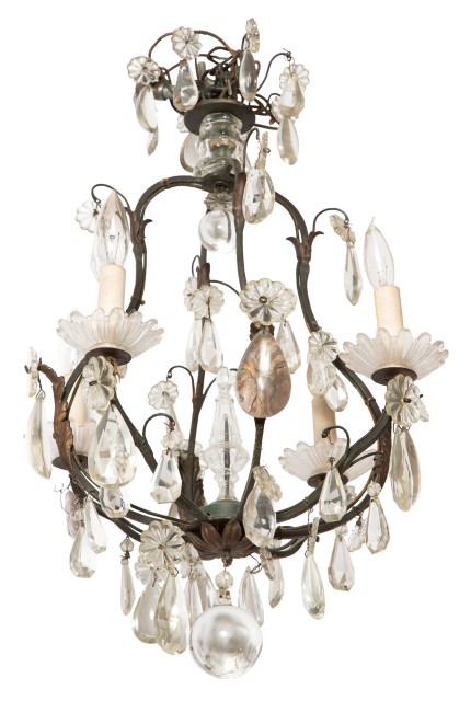 Louis XV Style Patinated-Metal and Glass Cage-Form Four-Light Chandelier
