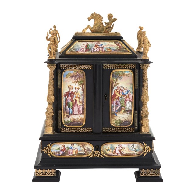 Vienna Style Enamel and Gilt Metal Mounted Ebonized Wood Table Cabinet
