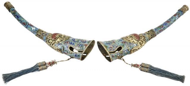 A Pair of Tibeto-Chinese Cloisonné Enamel Telescoping Trumpets