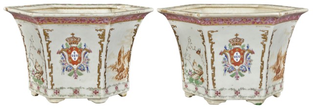 Pair of Chinese Export Style Armorial Porcelain Jardinieres