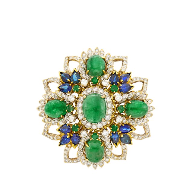 Two-Color Gold, Cabochon Emerald, Sapphire and Diamond Pendant-Brooch